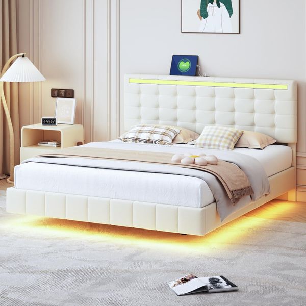 Letto Matrimoniale 160 X 200 Cm, Struttura Letto Galleggiante Imbottita, Con Led, Lino, Beige-image