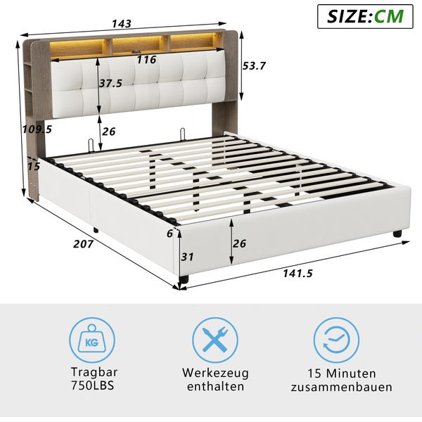 Letto Matrimoniale Imbottito 140 X 200 Cm Con Illuminazione A Led E Contenitore, Con Rete A Doghe In Metallo, Beige-image