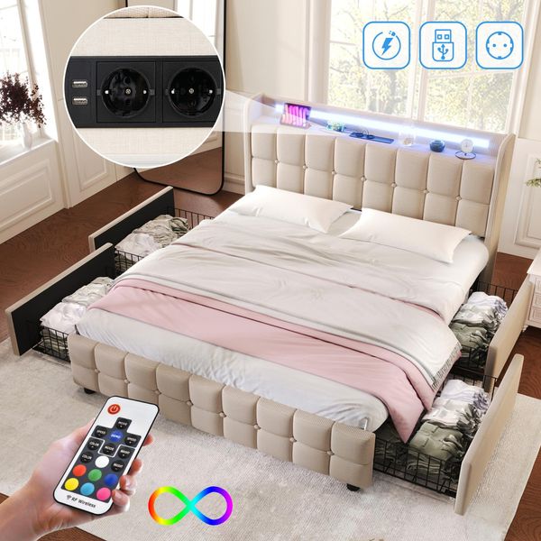 Letto Matrimoniale 160 X 200 Cm, Imbottito, Con Testata A Led, 4 Cassetti, Connessione Usb, Biancheria Da Letto Beige, Materasso Non Incluso Nella Fornitura-image