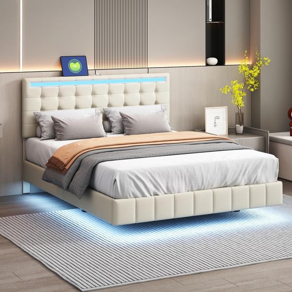 Letto Matrimoniale Imbottito 140 X 200 Cm, Struttura Letto Galleggiante, Imbottito, Con Illuminazione Led, Lino, Beige-image