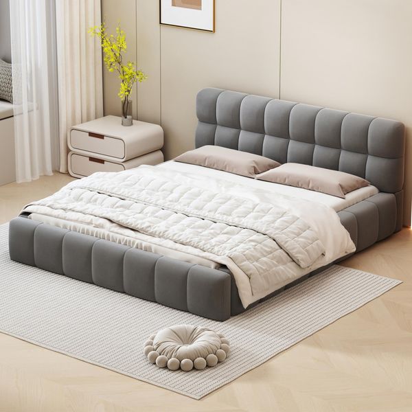 Letto Matrimoniale 160 X 200 Cm, Con Rete A Doghe E Schienale, Struttura Imbottita, Lino, Grigio-image