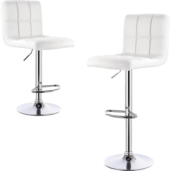 Sgabello Da Bar Moderno - Sgabello Da Banco - Girevole - Regolabile In Altezza - Con Schienale - Pelle Finta + Metallo - Altezza Seduta 60-82 Cm - Portata 120 Kg - Bianco-image