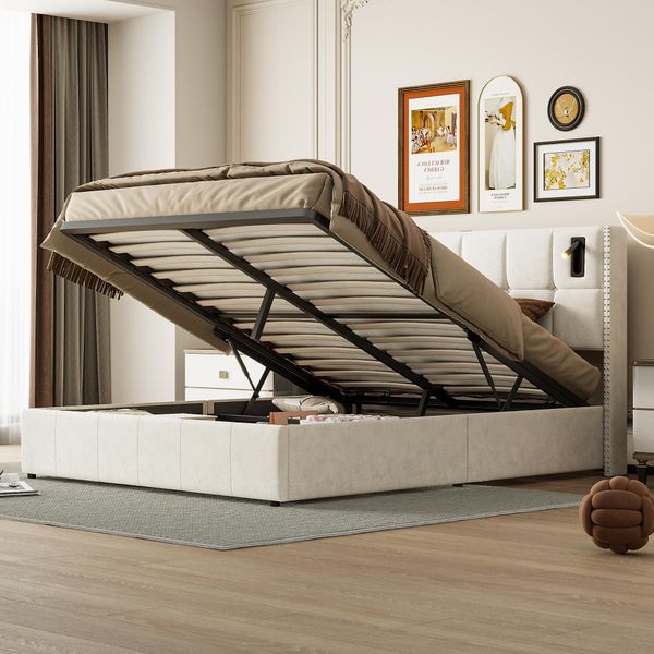 Letto 140 X 200 Cm Con Vano Contenitore, Rete A Doghe, Letto Imbottito Con Porte Usb E USB-C, Illuminazione Led, Rivestimento In Velluto, Beige-image
