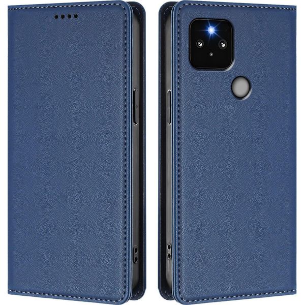 Custodia Per Google Pixel 5, Flip Cover In Finto Cuoio Antiurto Magnetica Con Supporto Blu Scuro-image