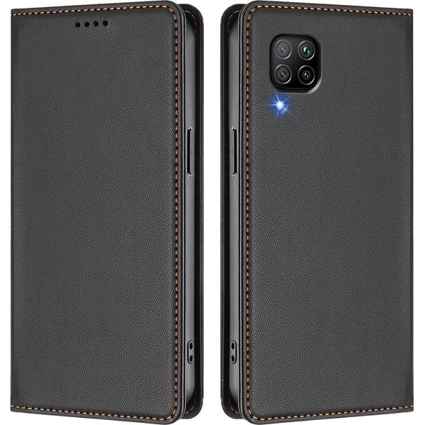 Custodia Per Huawei P40 Lite, Flip Cover In Finto Cuoio Antiurto Magnetica Con Supporto Nero-image