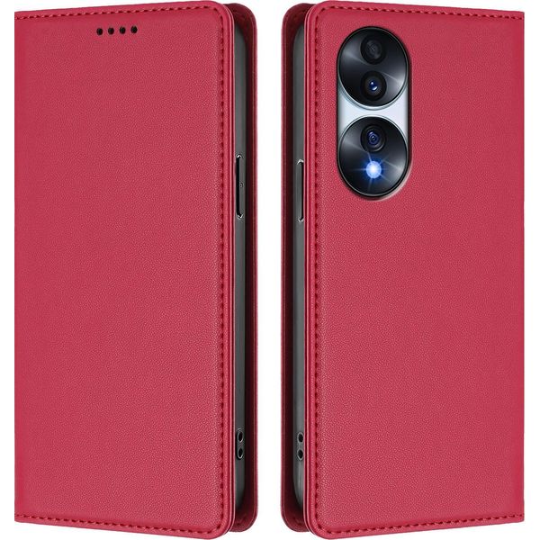 Custodia Per Telefono Cellulare Per Honor 70 Pro, Flip Cover In Finto Cuoio Antiurto Magnetica Con Supporto Rosso-image