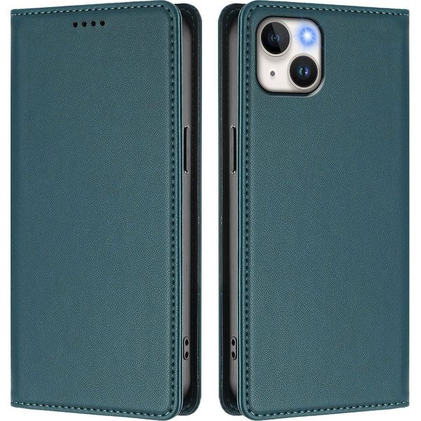 Custodia In Pelle Per Iphone 15 Plus, Flip Case Magnetico In Finto Cuoio Con Supporto Verde-image