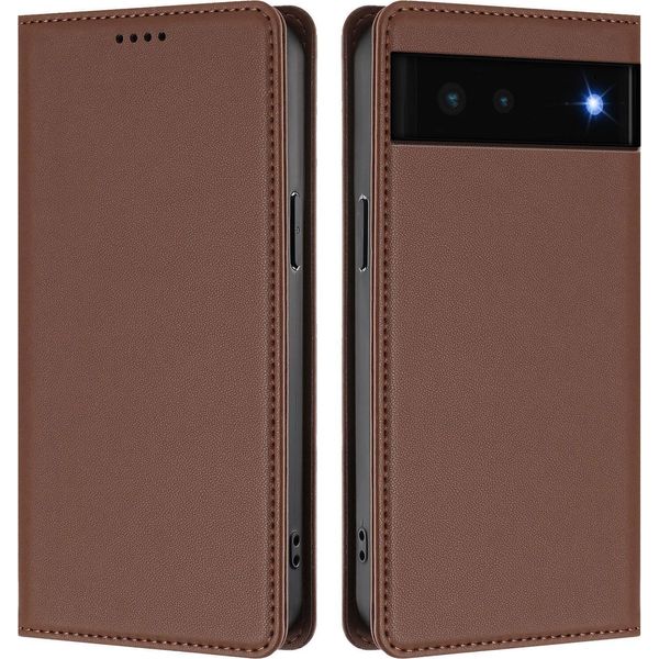 Custodia Per Google Pixel 6, Flip Cover In Finto Cuoio Antiurto Magnetica Con Supporto Marrone-image
