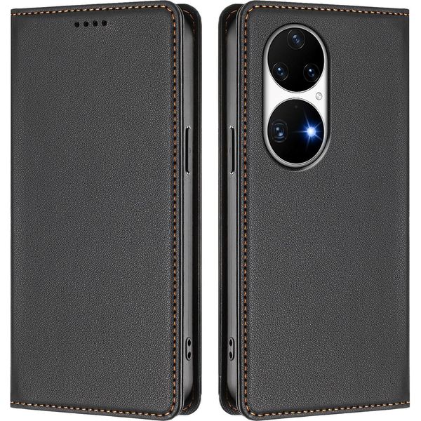 Custodia Per Huawei P50 Pro, Flip Cover In Finto Cuoio Antiurto Magnetica Con Supporto Nero-image