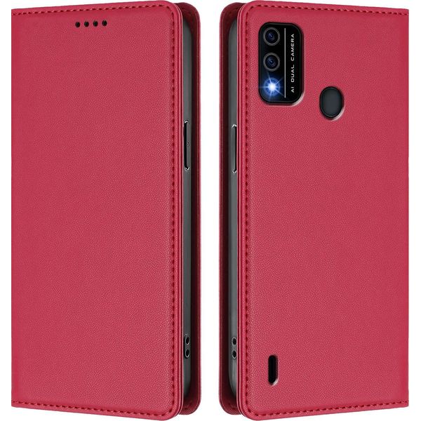 Custodia Per Cellulare Per Itel A48, Flip Cover In Finto Cuoio Antiurto Magnetica Con Supporto Rosso-image