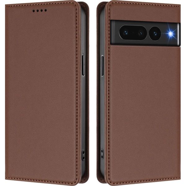 Custodia Per Google Pixel 7 Pro, Flip Cover In Finto Cuoio Antiurto Magnetica Con Supporto Marrone-image