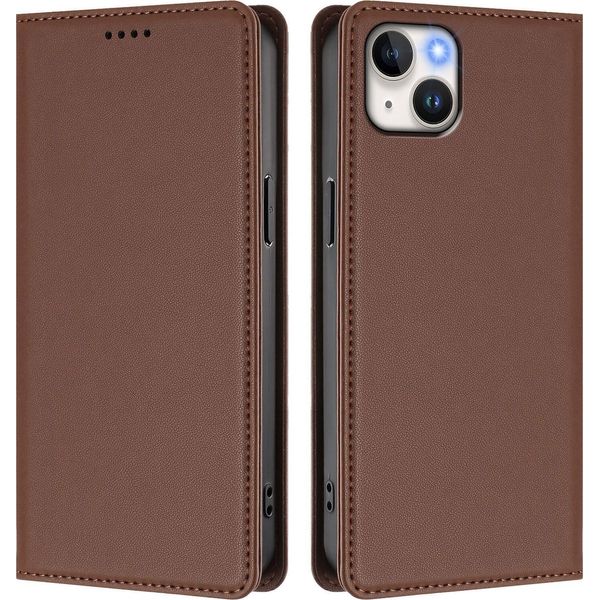 Custodia Per Iphone 15 Plus, Flip Cover In Finto Cuoio Antiurto Magnetica Con Supporto Marrone-image