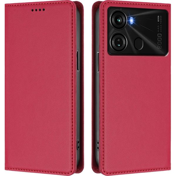 Custodia Per Cellulare Per Itel P40, Flip Cover In Finto Cuoio Antiurto Magnetica Con Supporto Rosso-image