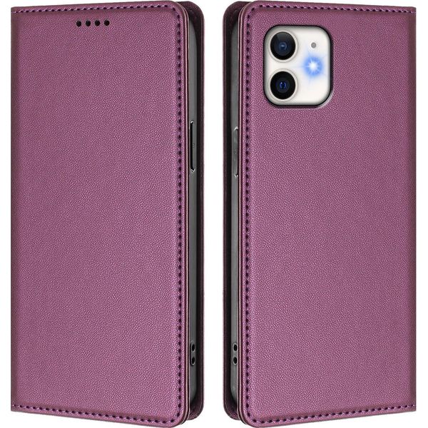 Custodia In Pelle Per Iphone 12/Iphone 12 Pro, Custodia Flip Magnetica In Finto Cuoio Con Supporto Viola-image