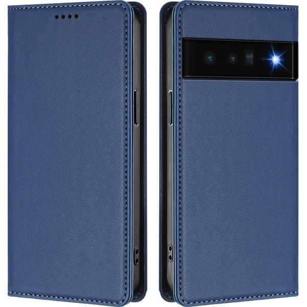 Custodia Per Google Pixel 6 Pro, Flip Cover In Finto Cuoio Antiurto Magnetica Con Supporto Blu Scuro-image