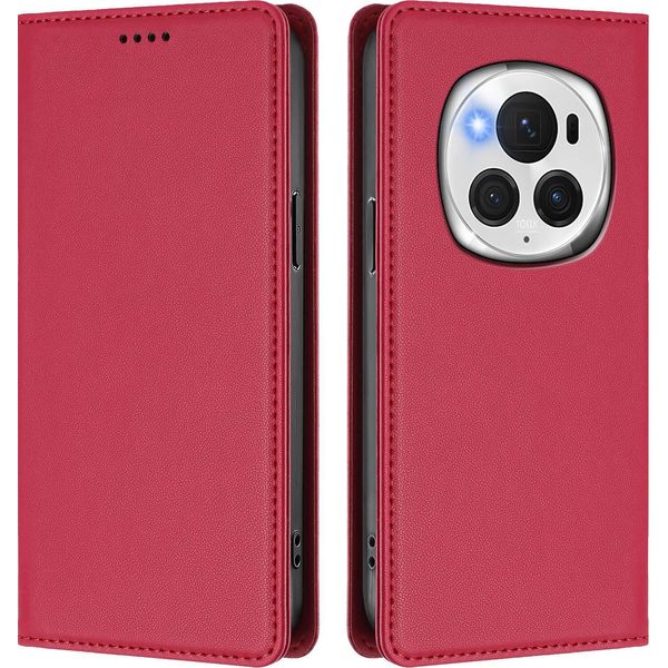 Custodia Per Telefono Cellulare Per Honor Magic6 Pro, Flip Cover In Finto Cuoio Antiurto Magnetica Con Supporto Rosso-image