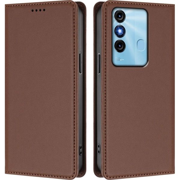 Custodia In Pelle Per Itel P38, Flip Case Magnetico In Finto Cuoio Con Supporto Brown-image