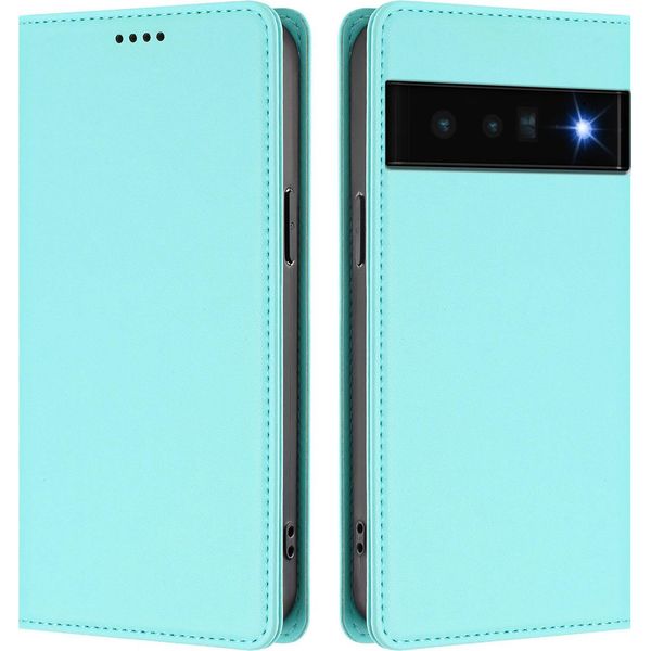 Custodia Per Google Pixel 6 Pro, Flip Cover In Finto Cuoio Antiurto Magnetica Con Supporto Turchese-image