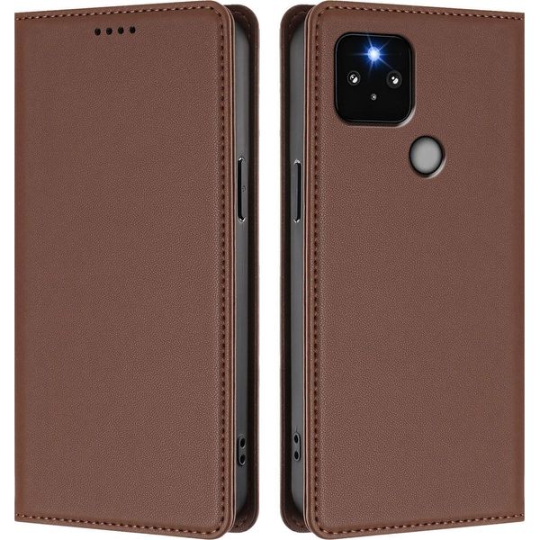 Custodia Per Google Pixel 5, Flip Cover In Finto Cuoio Antiurto Magnetica Con Supporto Marrone-image