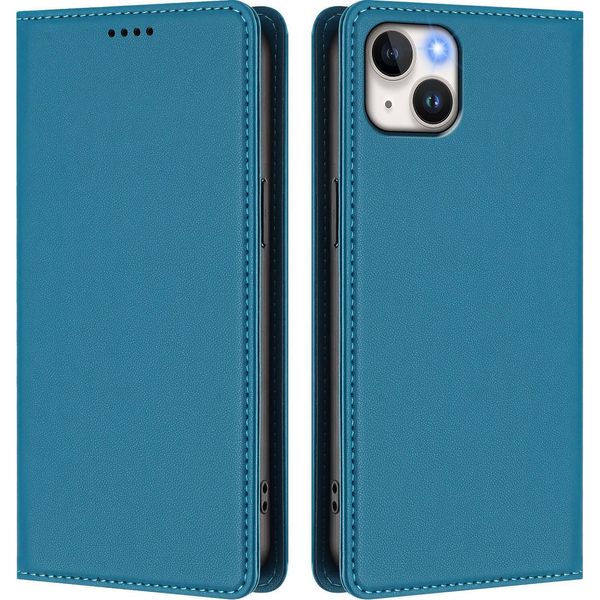 Custodia Per Iphone 14 Plus, Flip Cover In Finto Cuoio Antiurto Magnetica Con Supporto Blu-image