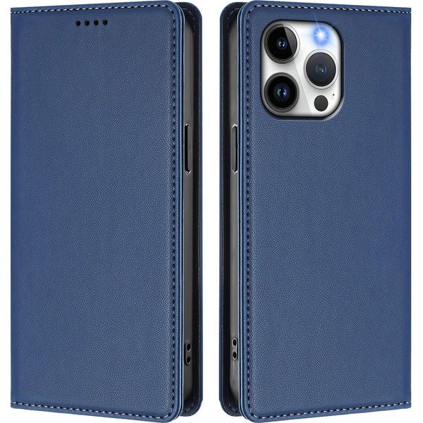 Custodia In Pelle Per Iphone 14 Pro Max, Flip Case Magnetico In Finto Cuoio Con Supporto Blu Scuro-image