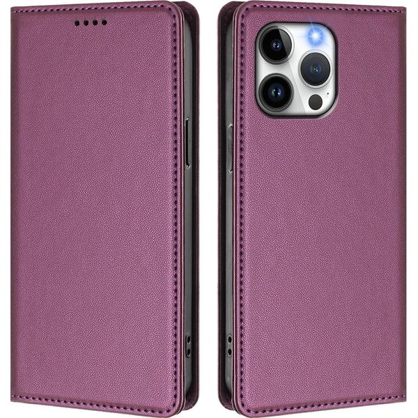 Custodia In Pelle Per Iphone 14 Pro Max, Custodia Magnetica In Finto Cuoio Flip Con Supporto Viola-image