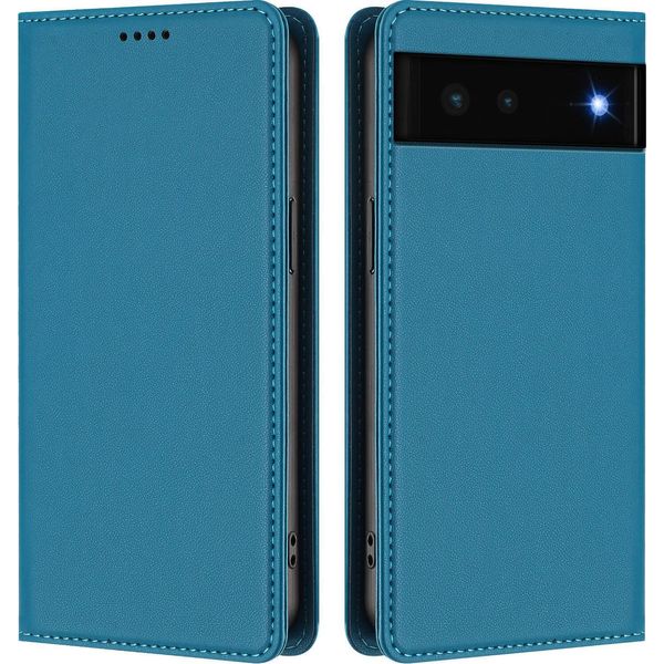 Custodia Per Google Pixel 6, Flip Cover In Finto Cuoio Antiurto Magnetica Con Supporto Blu-image