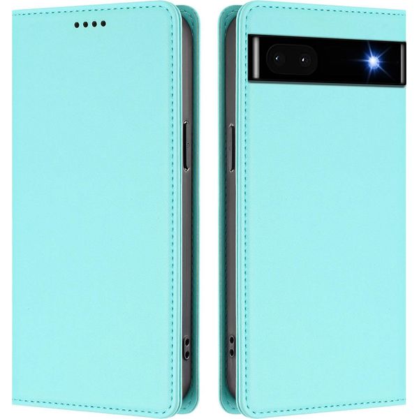 Custodia Per Google Pixel 6A, Flip Cover In Finto Cuoio Antiurto Magnetica Con Supporto Turchese-image