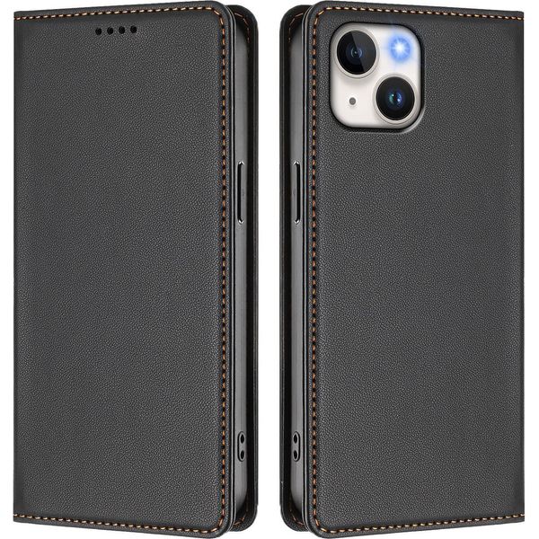 Custodia Per Iphone 15, Flip Cover In Finto Cuoio Antiurto Magnetica Con Supporto Nero-image