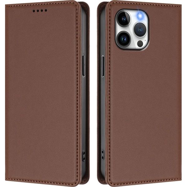 Custodia Per Iphone 13 Pro Max, Flip Cover In Finto Cuoio Antiurto Magnetica Con Supporto Marrone-image