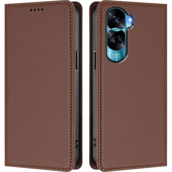 Custodia Per Cellulare Per Honor 90 Lite, Flip Cover In Finto Cuoio Antiurto Magnetica Con Supporto Marrone-image