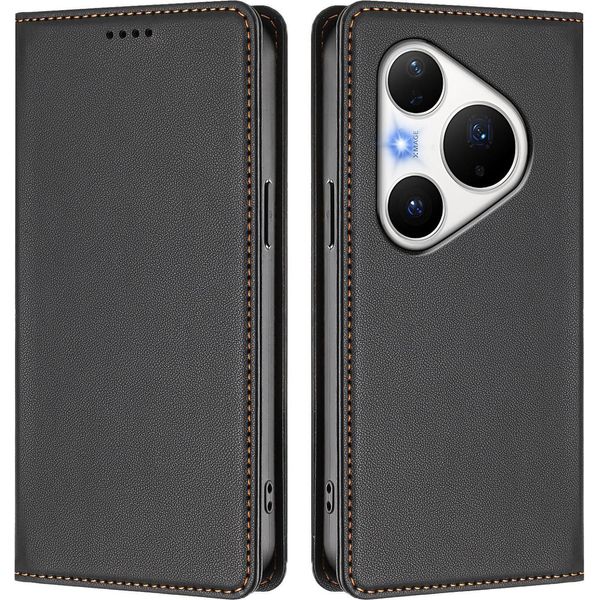 Custodia Per Huawei Pura 80 Pro/Pura 80 Pro+, Flip Cover In Finto Cuoio Antiurto Magnetica Con Supporto Nero-image