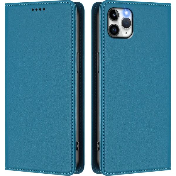 Custodia Per Iphone 11 Pro Max, Flip Cover In Finto Cuoio Antiurto Magnetica Con Supporto Blu-image