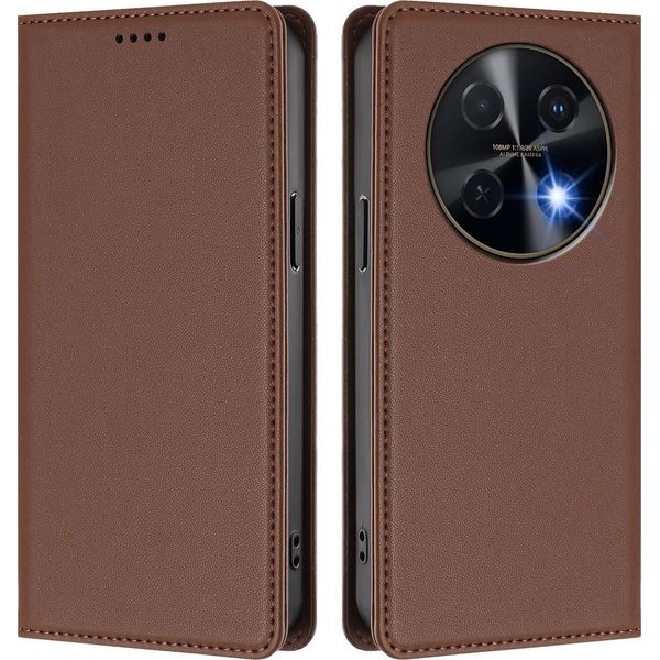 Custodia In Pelle Per Huawei Nova 12I /Nova 13I, Custodia Flip Magnetica In Finto Cuoio Con Supporto Marrone-image