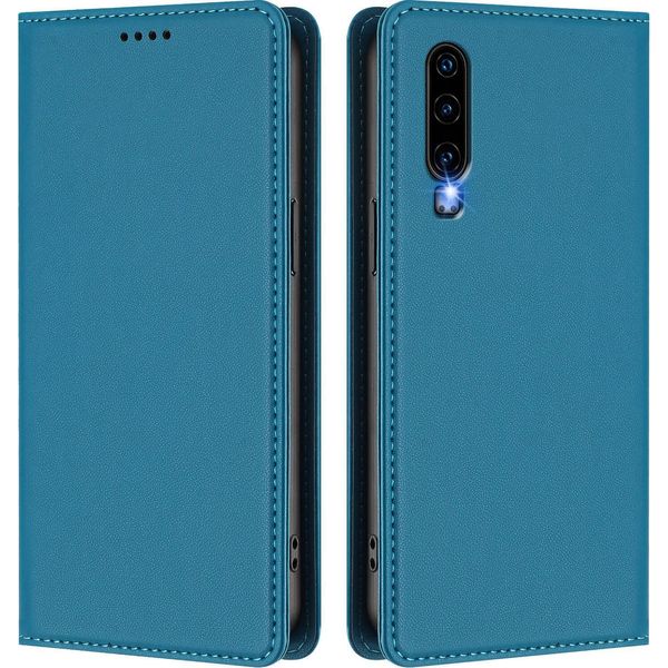 Custodia In Pelle Per Huawei P30, Flip Case Magnetico In Finto Cuoio Con Supporto Lake Blu-image