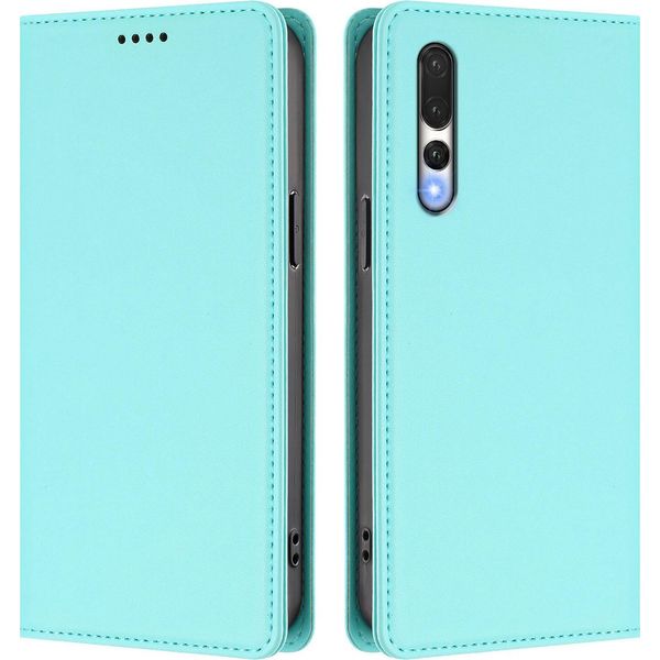 Custodia Per Huawei P20 Pro, Flip Cover In Finto Cuoio Antiurto Magnetica Con Supporto Turchese-image