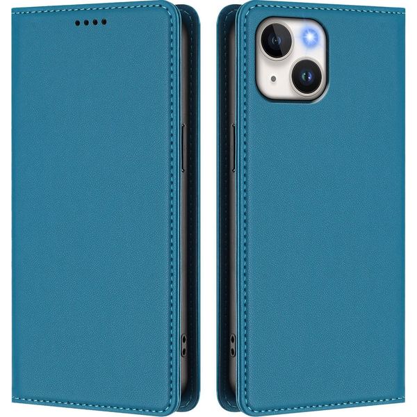 Custodia Per Iphone 15, Flip Cover In Finto Cuoio Antiurto Magnetica Con Supporto Blu-image