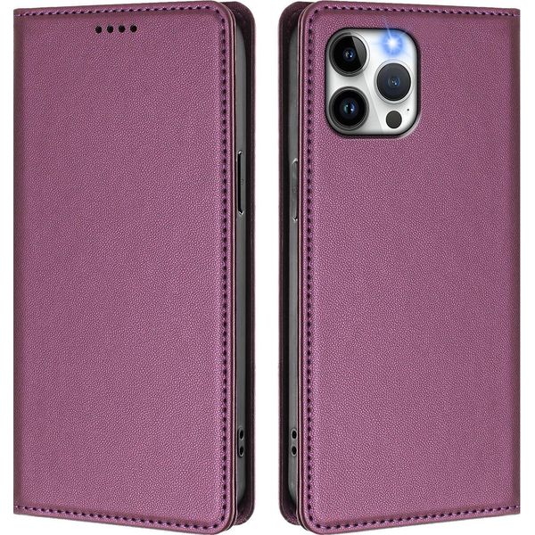 Custodia Per Iphone 12 Pro Max, Flip Case In Finto Cuoio Custodia Magnetica Antiurto Con Supporto Viola-image