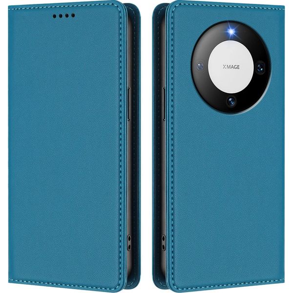 Custodia Per Huawei Mate 60, Flip Cover In Finto Cuoio Antiurto Magnetica Con Supporto Blu-image