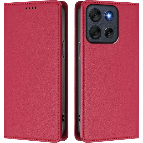 Custodia Per Cellulare Per Motorola Moto G56, Flip Cover In Finto Cuoio Antiurto Magnetica Con Supporto Rosso-image