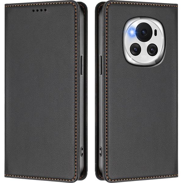 Custodia Per Telefono Cellulare Per Honor Magic6, Flip Cover In Finto Cuoio Antiurto Magnetica Con Supporto Nero-image