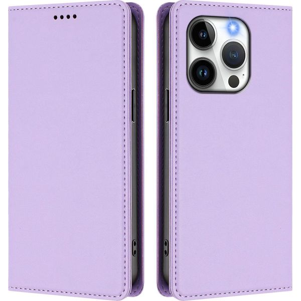 Custodia In Pelle Per Iphone 14 Pro, Custodia Magnetica In Finto Cuoio Flip Con Supporto Viola Chiaro-image