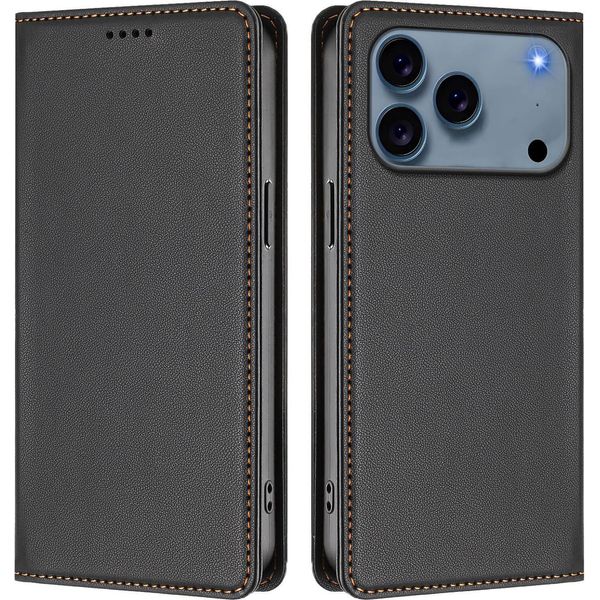 Custodia Per Iphone 17 Pro, Flip Cover In Finto Cuoio Antiurto E Magnetica Con Supporto Nero-image