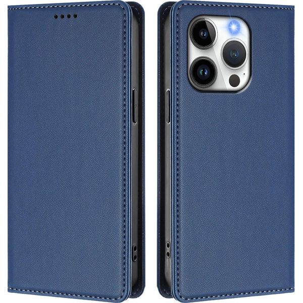 Custodia In Pelle Per Iphone 15 Pro, Flip Case Magnetico In Finto Cuoio Con Supporto Blu Scuro-image