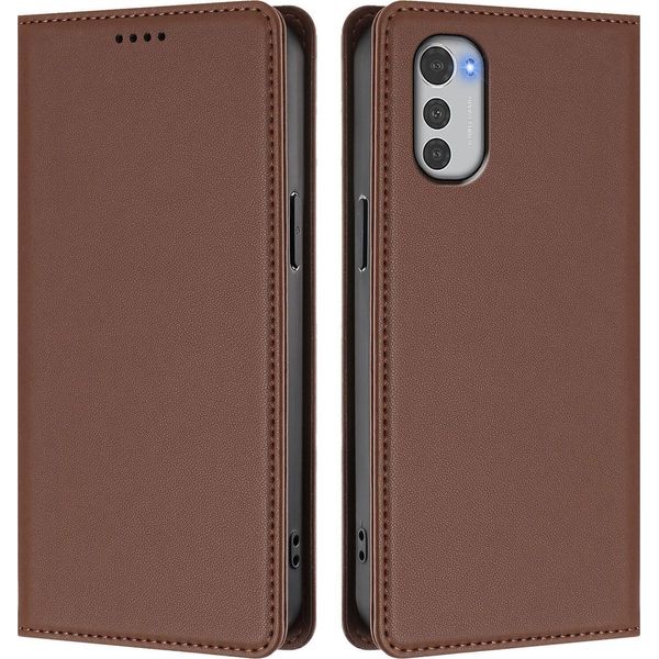 Custodia In Pelle Per Motorola Moto E32, Custodia Flip Magnetica In Finto Cuoio Con Supporto Marrone-image
