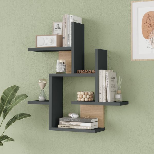 Scaffale A Muro 'Reyna' Con 7 Ripiani 66 X 63 X 15 Cm Antracite / Effetto Legno-image