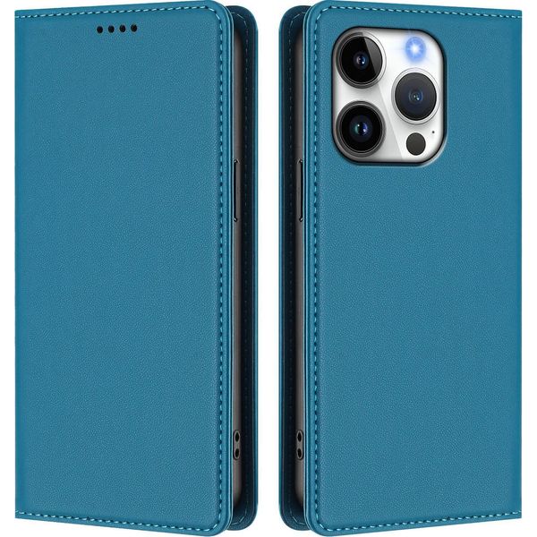 Custodia In Pelle Per Iphone 16 Pro, Custodia Flip Magnetica In Finto Cuoio Con Supporto Lake Blu-image
