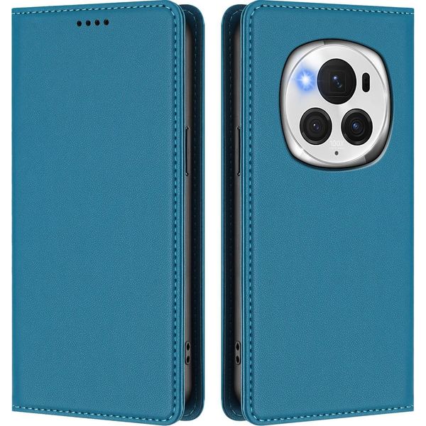 Custodia In Pelle Per Honor Magic6 Pro, Custodia Flip Magnetica In Finto Cuoio Con Supporto Lake Blu-image