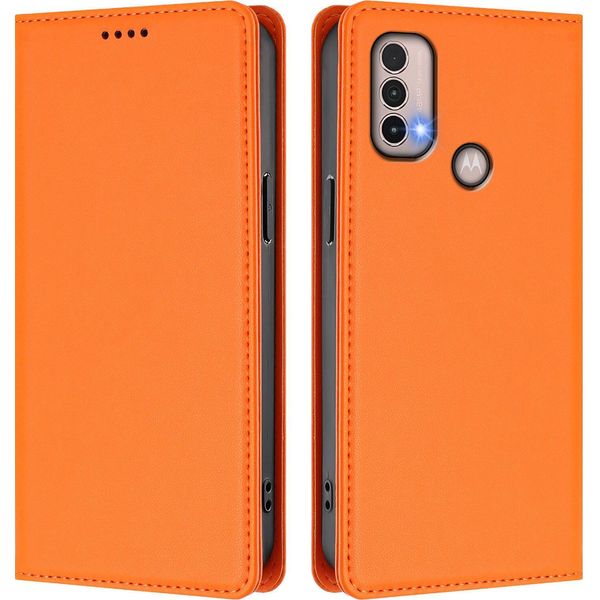 Custodia Per Motorola Moto E20 / E30 / E40, Flip Cover In Finto Cuoio Antiurto Magnetica Con Supporto Arancione-image