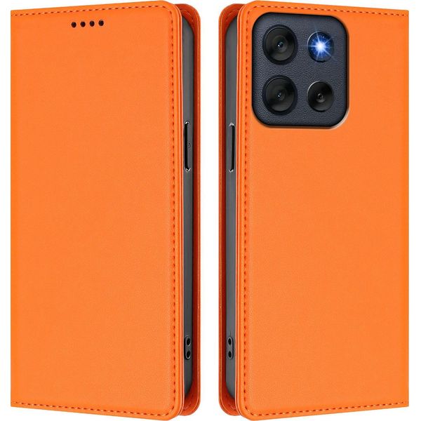Custodia In Pelle Per Motorola Moto G56, Custodia Flip Magnetica In Finto Cuoio Con Supporto Arancione-image
